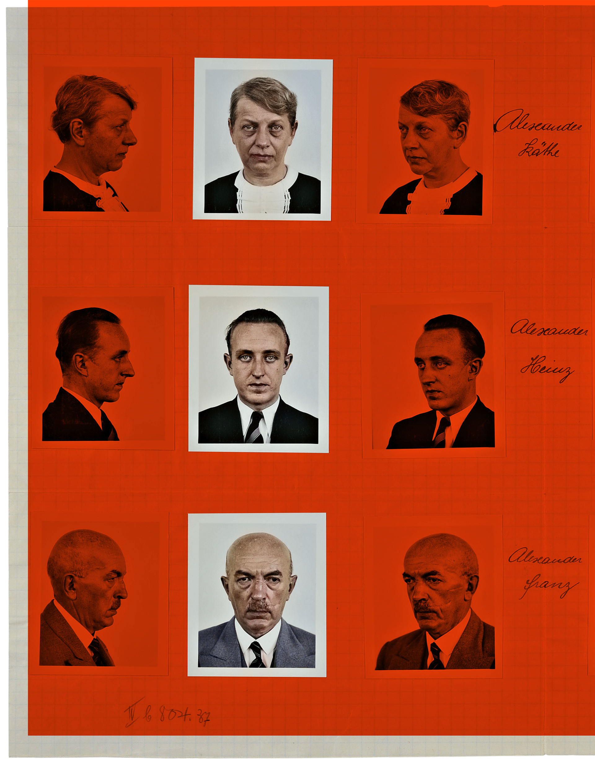 Nine photographs of three people, Heinz Alexander and his two alleged parents. They are shown once in portrait, once in profile, and once in half-profile. All three are looking toward the camera with serious expressions on their faces.